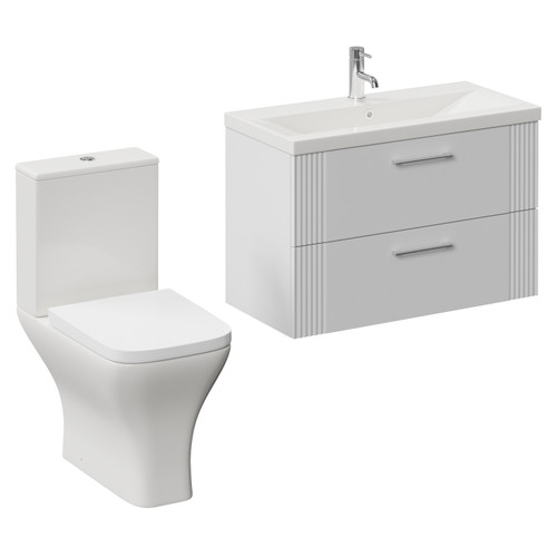 Avant Satin White 800mm Wall Mounted 2 Drawer Vanity Unit and Kingston Toilet Suite with Glide Basin Left Hand View