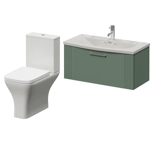 Avant Satin Green 800mm Wall Mounted Single Drawer Vanity Unit and Kingston Toilet Suite with Arc Basin Right Hand View