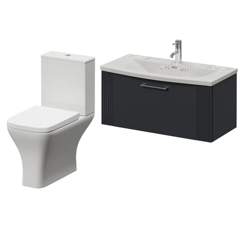 Avant Satin Anthracite 800mm Wall Mounted Single Drawer Vanity Unit and Kingston Toilet Suite with Arc Basin Right Hand View