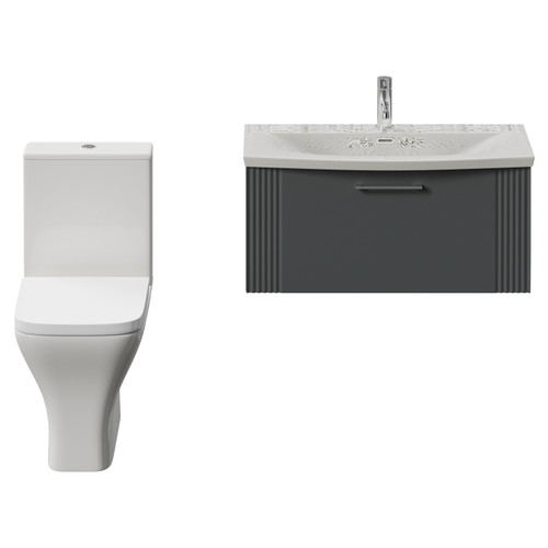 Avant Satin Grey 800mm Wall Mounted Single Drawer Vanity Unit and Kingston Toilet Suite with Arc Basin Front View