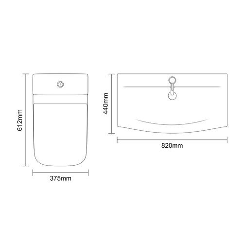Avant Satin White 800mm Wall Mounted 2 Drawer Vanity Unit and Kingston Toilet Suite with Arc Basin Top Down Dimensions