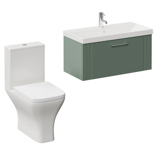 Avant Satin Green 800mm Wall Mounted Single Drawer Vanity Unit and Kingston Toilet Suite with Rimini Basin Left Hand View