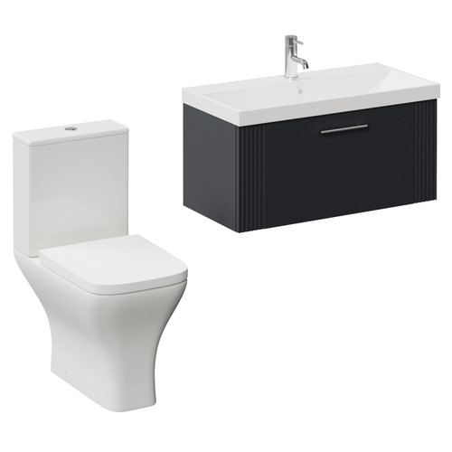Avant Satin Anthracite 800mm Wall Mounted Single Drawer Vanity Unit and Kingston Toilet Suite with Rimini Basin Left Hand View