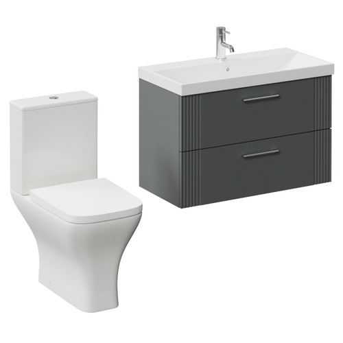 Avant Satin Grey 800mm Wall Mounted 2 Drawer Vanity Unit and Kingston Toilet Suite with Rimini Basin Left Hand View