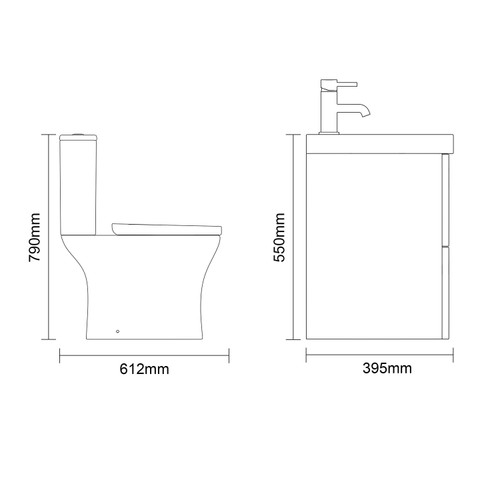 Avant Satin White 800mm Wall Mounted 2 Drawer Vanity Unit and Kingston Toilet Suite with Rimini Basin Side On Dimensions