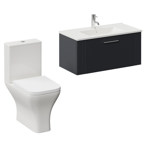 Avant Satin Anthracite 800mm Wall Mounted Single Drawer Vanity Unit and Kingston Toilet Suite with Angel Basin Left Hand View