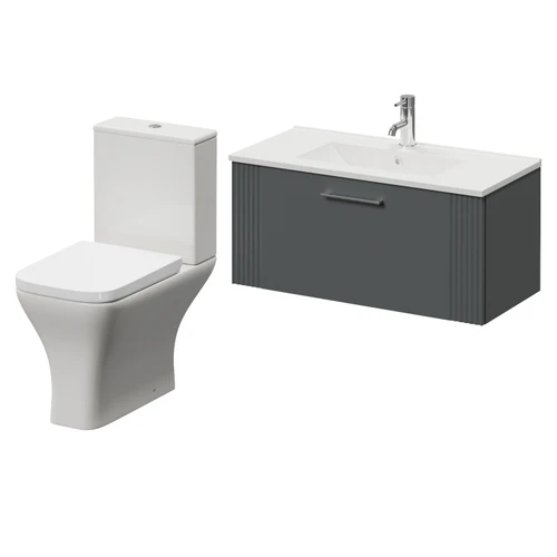 Avant Satin Grey 800mm Wall Mounted Single Drawer Vanity Unit and Kingston Toilet Suite with Angel Basin Right Hand View