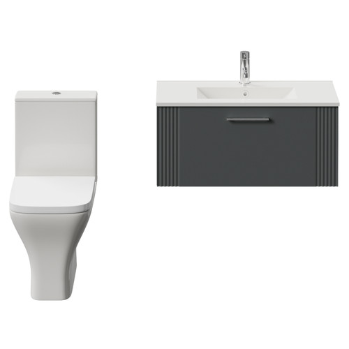 Avant Satin Grey 800mm Wall Mounted Single Drawer Vanity Unit and Kingston Toilet Suite with Angel Basin Front View