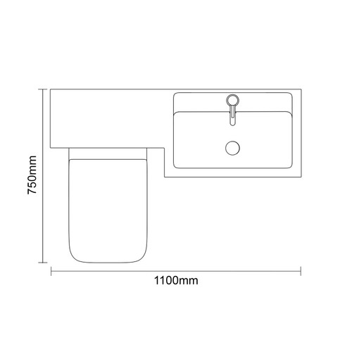 Avant Satin White 1100mm 2 Door Vanity Unit Toilet Suite with Right Hand Square Lucia Basin Top Down Dimensions