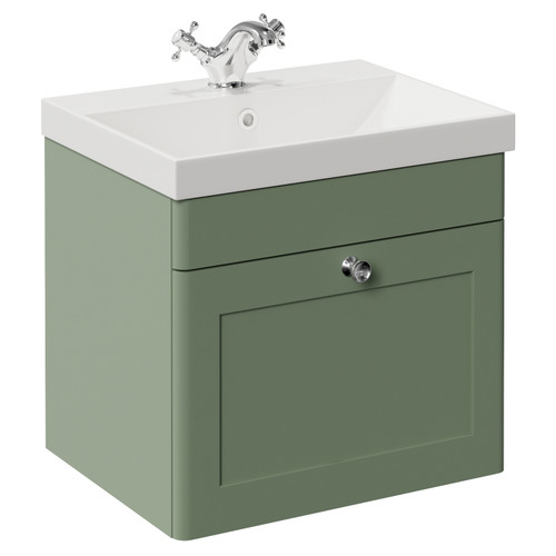 Danbury Satin Green 500mm Wall Mounted Single Drawer Vanity Unit with Rimini Basin Left Hand View