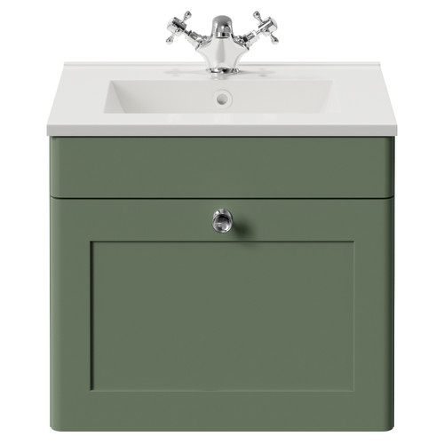 Danbury Satin Green 500mm Wall Mounted Vanity Single Drawer Vanity Unit with Angel Basin View from Front
