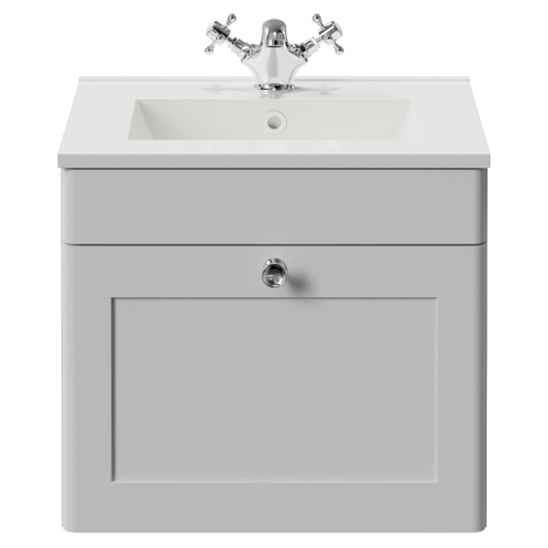 Danbury Satin White 500mm Wall Mounted Vanity Single Drawer Vanity Unit with Angel Basin View from Front