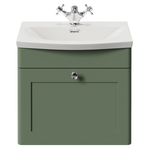 Danbury Satin Green 500mm Wall Mounted Single Drawer Vanity Unit with Arc Basin View from Front