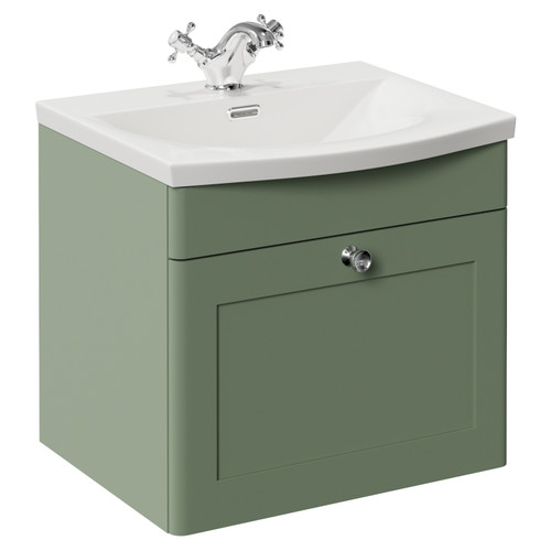 Danbury Satin Green 500mm Wall Mounted Single Drawer Vanity Unit with Arc Basin Left Hand View