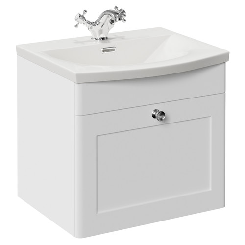 Danbury Satin White 500mm Wall Mounted Single Drawer Vanity Unit with Arc Basin Left Hand View