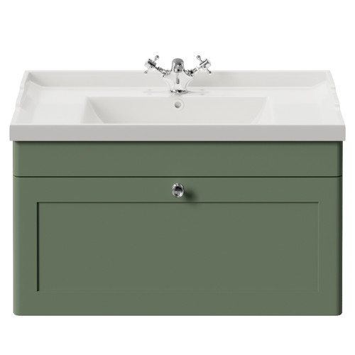 Danbury Satin Green 800mm Wall Mounted Single Drawer Vanity Unit with Windsor Basin View from Front