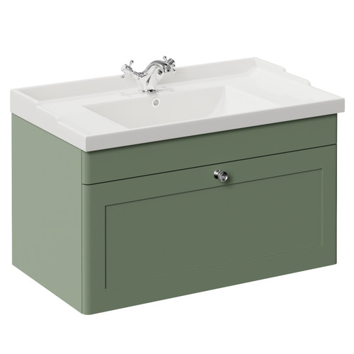 Danbury Satin Green 800mm Wall Mounted Single Drawer Vanity Unit with Windsor Basin Left Hand View