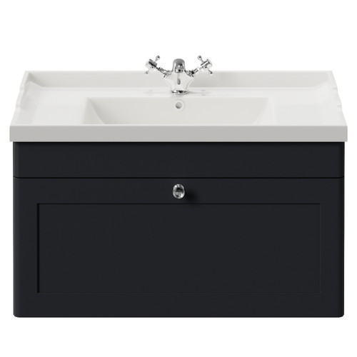 Danbury Satin Anthracite 800mm Wall Mounted Single Drawer Vanity Unit with Windsor Basin View from Front