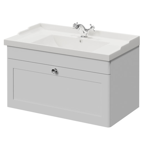 Danbury Satin White 800mm Wall Mounted Single Drawer Vanity Unit with Windsor Basin Right Hand View