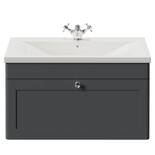 Danbury Satin Grey 800mm Wall Mounted Single Drawer Vanity Unit with Glide Basin View from Front