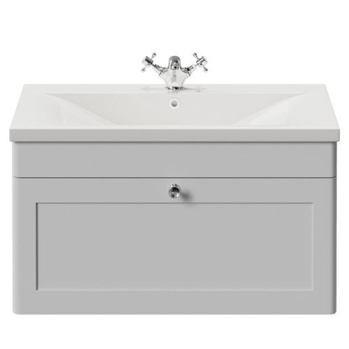 Danbury Satin White 800mm Wall Mounted Single Drawer Vanity Unit with Glide Basin View from Front