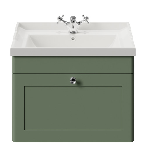 Danbury Satin Green 600mm Single Drawer Wall Mounted Vanity Unit with Windsor Basin Front View