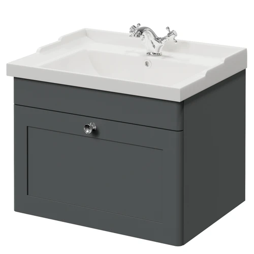 Danbury Satin Grey 600mm Single Drawer Wall Mounted Vanity Unit with Windsor Basin Right Hand View