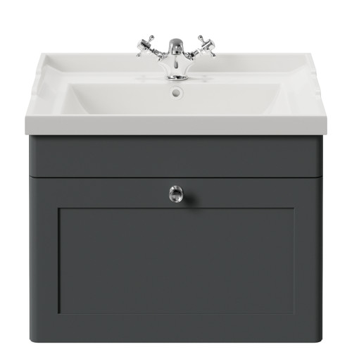 Danbury Satin Grey 600mm Single Drawer Wall Mounted Vanity Unit with Windsor Basin Front View