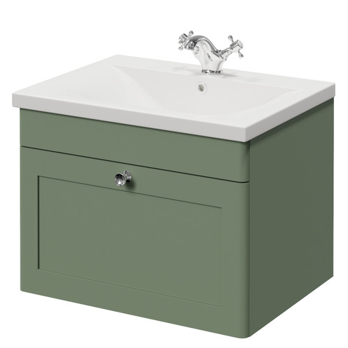 Danbury Satin Green 600mm Wall Mounted Single Drawer Vanity Unit with Glide Basin View from Front