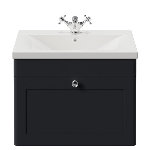 Danbury Satin Anthracite 600mm Wall Mounted Single Drawer Vanity Unit with Glide Basin Front View