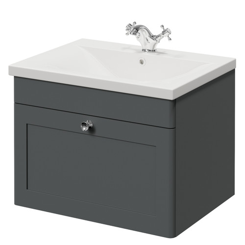 Danbury Satin Grey 600mm Wall Mounted Single Drawer Vanity Unit with Glide Basin Right Hand View