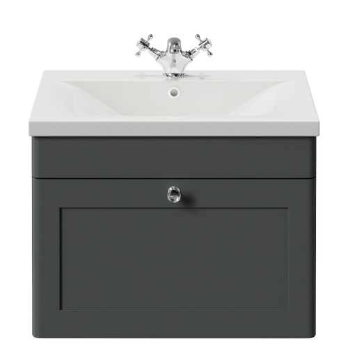 Danbury Satin Grey 600mm Wall Mounted Single Drawer Vanity Unit with Glide Basin Front View