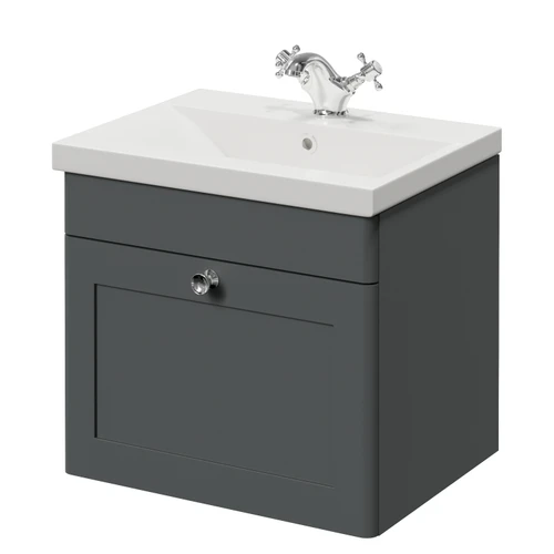 Danbury Satin Grey 500mm Wall Mounted Single Drawer Vanity Unit with Glide Basin Right Hand View