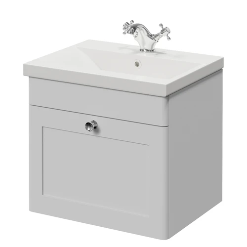 Danbury Satin White 500mm Wall Mounted Single Drawer Vanity Unit with Glide Basin Right Hand View