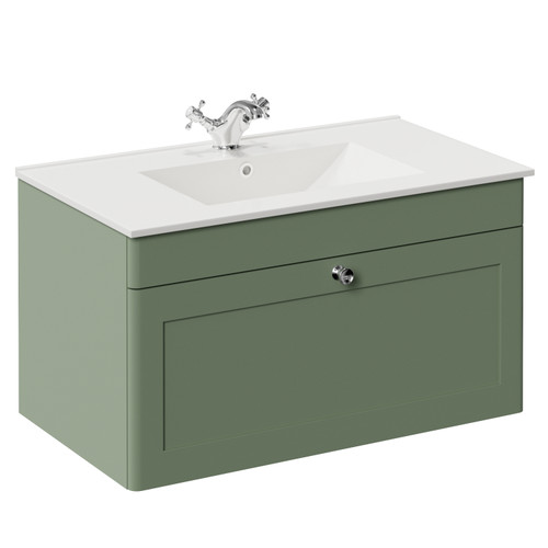 Danbury Satin Green 800mm Wall Mounted Single Drawer Vanity Unit with Angel Basin Left Hand View
