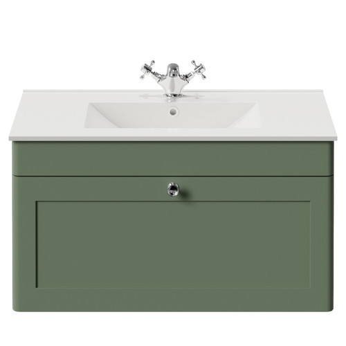 Danbury Satin Green 800mm Wall Mounted Single Drawer Vanity Unit with Angel Basin Front View