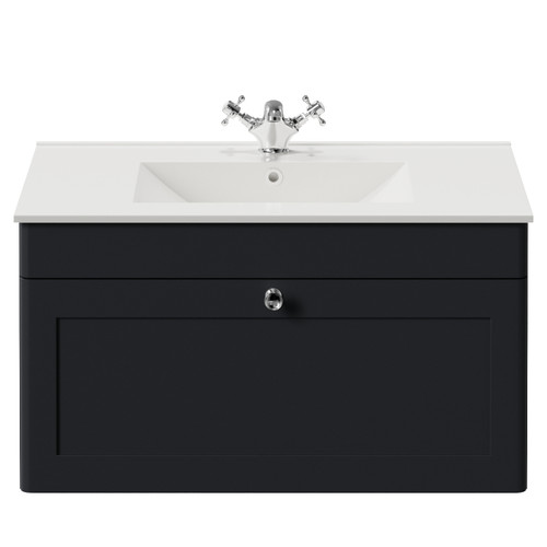 Danbury Satin Anthracite 800mm Wall Mounted Single Drawer Vanity Unit with Angel Front View