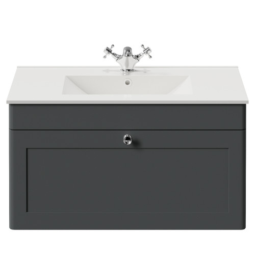 Danbury Satin Grey 800mm Wall Mounted Single Drawer Vanity Unit with Angel Basin Front View
