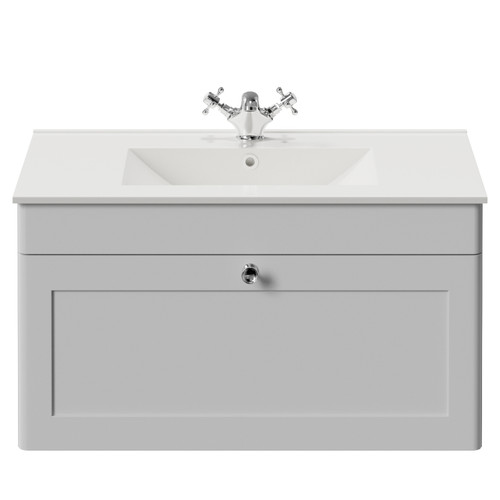 Danbury Satin White 800mm Wall Mounted Single Drawer Vanity Unit with Angel Basin View from Front