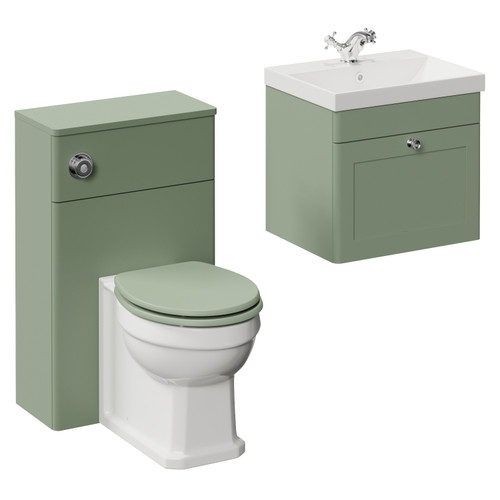 Danbury Satin Green 1000mm Wall Mounted Single Drawer Vanity Unit and Toilet Suite with Rimini Basin Left Hand View