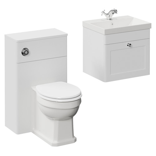 Danbury Satin White 1000mm Wall Mounted Single Drawer Vanity Unit and Toilet Suite with Rimini Basin Left Hand View
