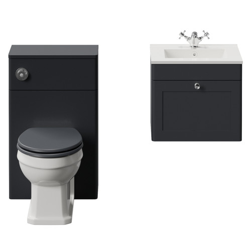 Danbury Satin Anthracite 1000mm Wall Mounted Single Drawer Vanity Unit and Toilet Suite with Angel Basin View from Front