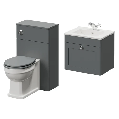 Danbury Satin Grey 1000mm Wall Mounted Single Drawer Vanity Unit and Toilet Suite with Angel Basin Right Hand View