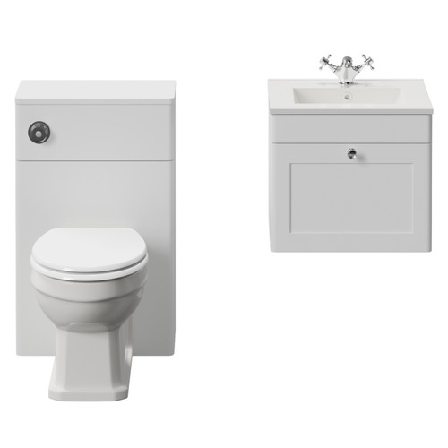 Danbury Satin White 1000mm Wall Mounted Single Drawer Vanity Unit and Toilet Suite with Angel Basin View from Front