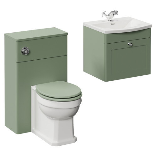 Danbury Satin Green 1000mm Wall Mounted Single Drawer Vanity Unit and Toilet Suite with Arc Basin Left Hand View