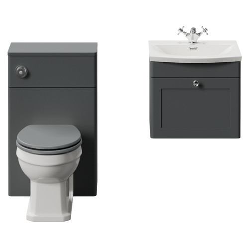 Danbury Satin Grey 1000mm Wall Mounted Single Drawer Vanity Unit and Toilet Suite with Arc Basin Front View