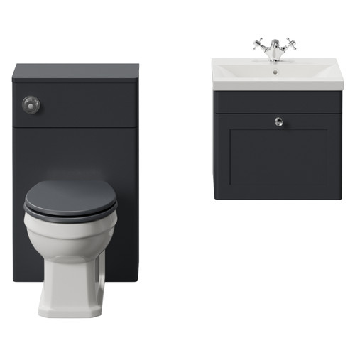 Danbury Satin Anthracite 1000mm Single Drawer Wall Mounted Vanity Unit and Toilet Suite with Glide Basin View from Front