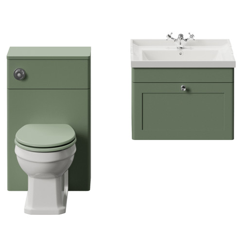 Danbury Satin Green 1100mm Wall Mounted Single Drawer Vanity Unit and Toilet Suite with Windsor Basin View from Front