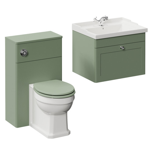 Danbury Satin Green 1100mm Wall Mounted Single Drawer Vanity Unit and Toilet Suite with Windsor Basin Left Hand View