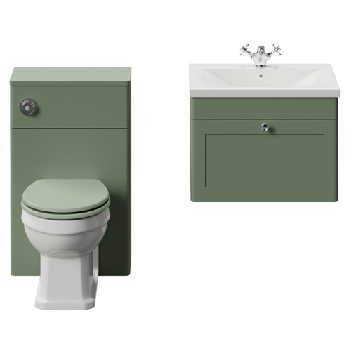 Danbury Satin Green 1100mm Wall Mounted Single Drawer Vanity Unit and Toilet Suite with Glide Basin View from Front